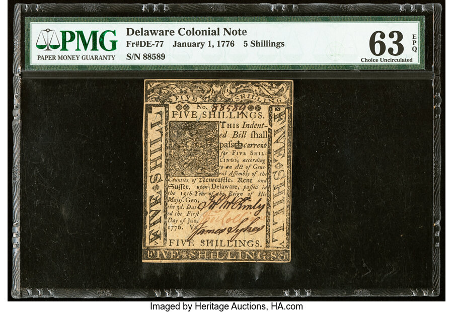 image for: Delaware January 1, 1776 5s PMG Choice Uncirculated 63 EPQ....