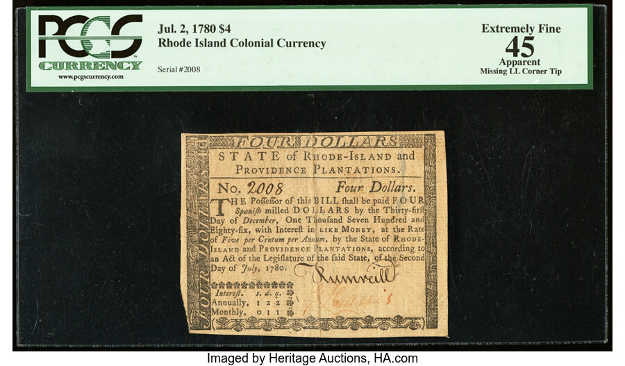 image for: Rhode Island July 2, 1780 $4 PCGS Apparent Extremely Fine 45....