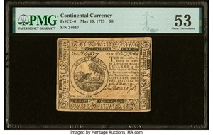 image for: Continental Currency May 10, 1775 $6 PMG About Uncirculated 53....