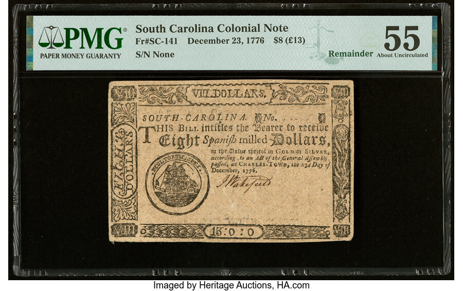 image for: South Carolina December 23, 1776 $8 Remainder PMG About Uncirculated 55....