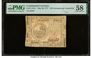 image for: Continental Currency May 20, 1777 $6 Contemporary Counterfeit PMG Choice About Unc 58....