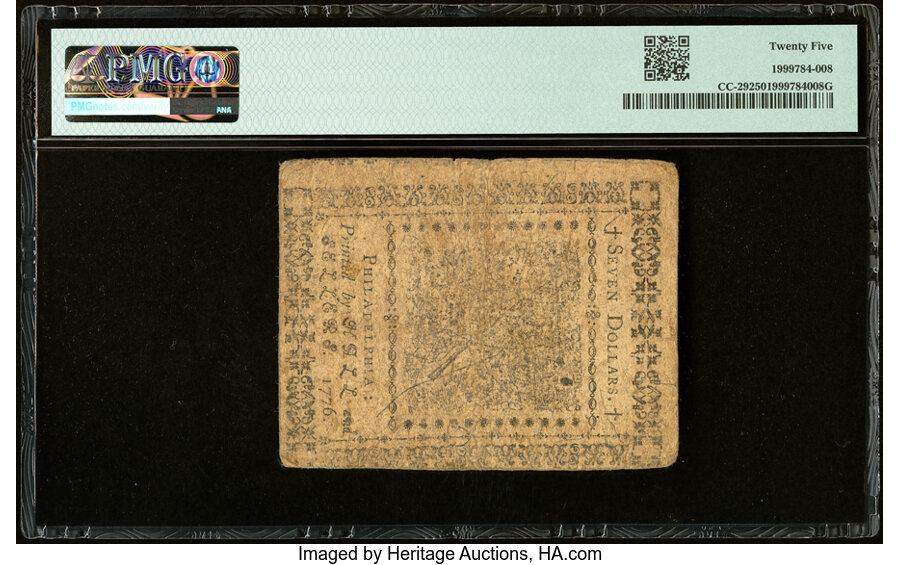 image for: Continental Currency February 17, 1776 $7 PMG Very Fine 25....