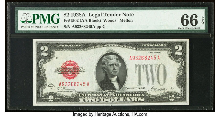 image for: Fr. 1502 $2 1928A Legal Tender Note. PMG Gem Uncirculated 66 EPQ....