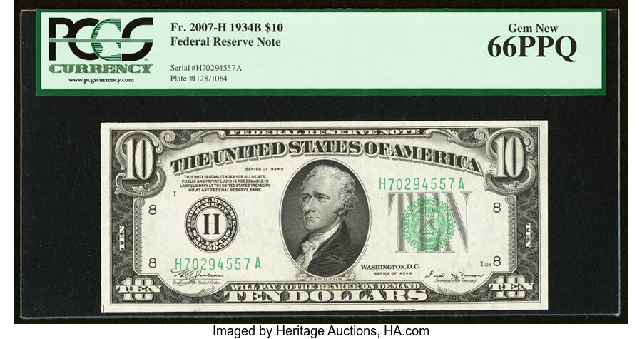 image for: Fr. 2007-H $10 1934B Federal Reserve Note. PCGS Gem New 66PPQ....
