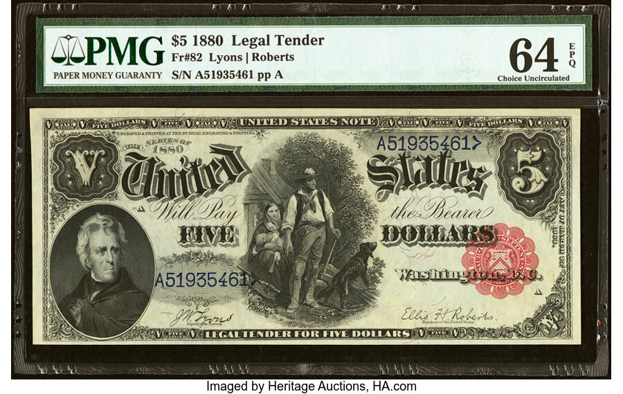 image for: Fr. 82 $5 1880 Legal Tender PMG Choice Uncirculated 64 EPQ....