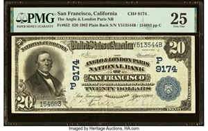 image for: San Francisco, CA - $20 1902 Plain Back Fr. 652 The Anglo & London Paris National Bank Ch. # (P)9174 PMG Very Fine 25....