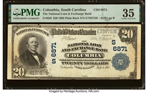 image for: Columbia, SC - $20 1902 Plain Back Fr. 650 The National Loan & Exchange Bank Ch. # (S)6871 PMG Choice Very Fine 35....