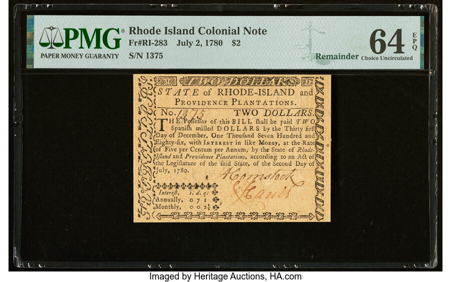image for: Rhode Island July 2, 1780 $2 Remainder PMG Choice Uncirculated 64 EPQ....