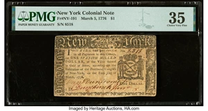 image for: New York March 5, 1776 $1 PMG Choice Very Fine 35....
