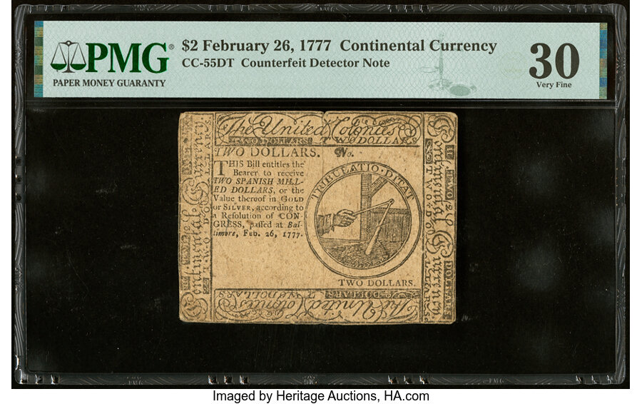 image for: Continental Currency February 26, 1777 $2 Counterfeit Detector PMG Very Fine 30....