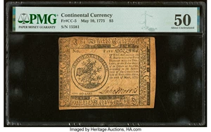 image for: Continental Currency May 10, 1775 $5 PMG About Uncirculated 50....