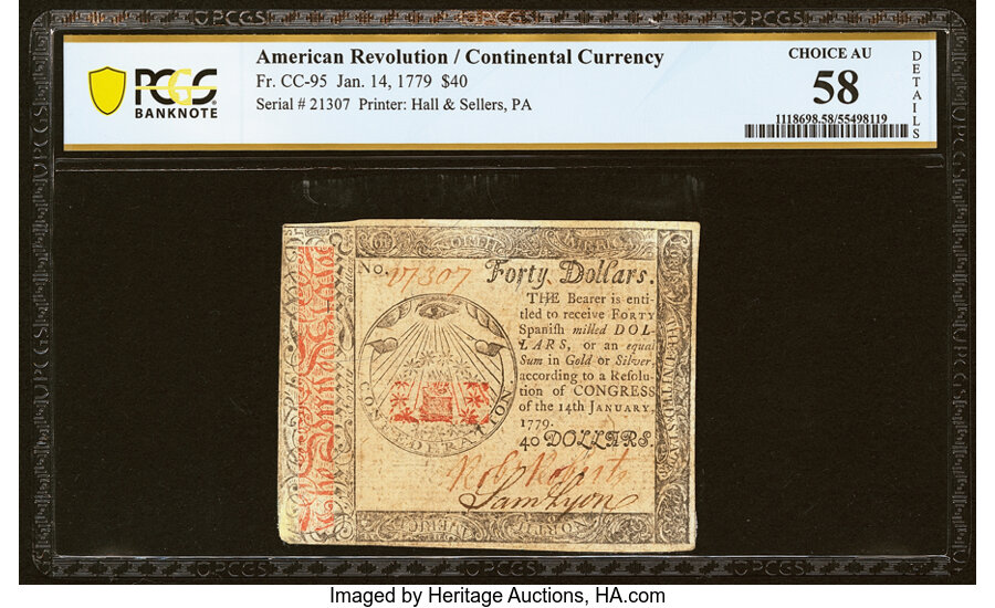 image for: Continental Currency January 14, 1779 $40 PCGS Banknote Choice AU 58 Details....