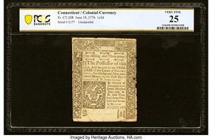image for: Connecticut June 19, 1776 1s 3d PCGS Banknote Very Fine 25....