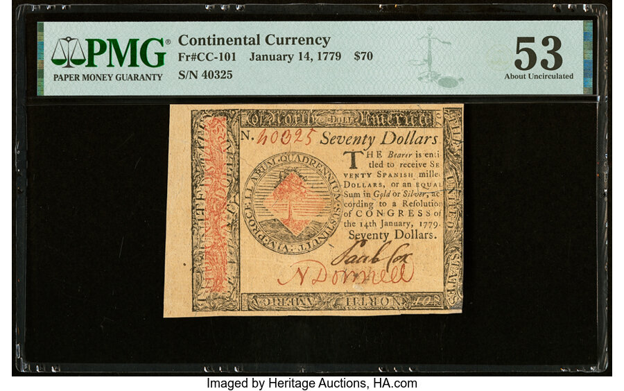 image for: Continental Currency January 14, 1779 $70 PMG About Uncirculated 53....