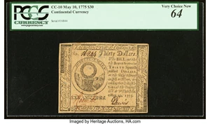 image for: Continental Currency May 10, 1775 $30 PCGS Very Choice New 64....