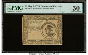 image for: Continental Currency May 9, 1776 $3 Counterfeit Detector PMG About Uncirculated 50....