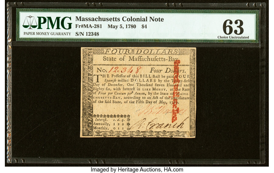 image for: Massachusetts May 5, 1780 $4 PMG Choice Uncirculated 63....