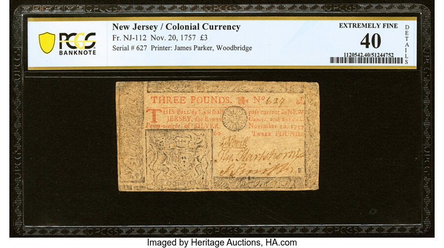 image for: New Jersey November 20, 1757 £3 PCGS Banknote Extremely Fine 40 Details....
