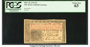 image for: New Jersey March 25, 1776 12s PCGS Choice New 63....