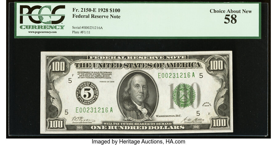 image for: Fr. 2150-E $100 1928 Federal Reserve Note. PCGS Choice About New 58....