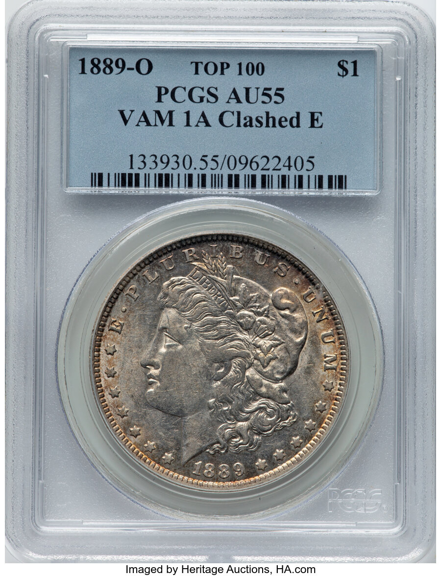 image for: 1889-O $1 Clashed E, VAM-1A, AU55 PCGS. A Top 100 Variety. PCGS Population: (17/16)....