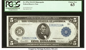 image for: Fr. 879a $5 1914 Federal Reserve Note PCGS Choice New 63....