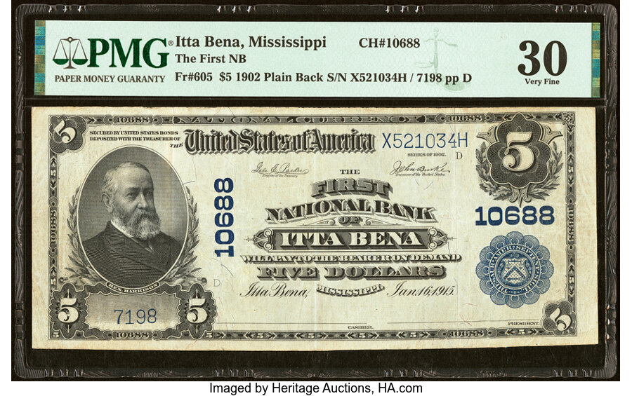 image for: Itta Bena, MS - $5 1902 Plain Back Fr. 605 The First National Bank Ch. # 10688 PMG Very Fine 30....