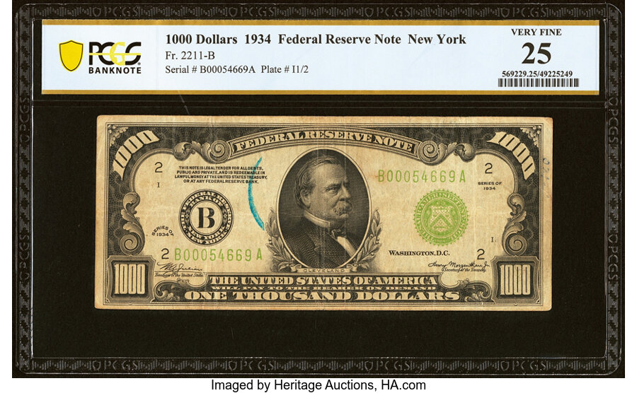 image for: Fr. 2211-B $1,000 1934 Federal Reserve Note. PCGS Banknote Very Fine 25....
