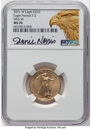 image for: 2021-W $10 Quarter Ounce Gold Eagle, Type Two, Unfinished Proof Dies, With W, MS70 NGC. Jennie Norris, Authentic Hand-Signe...