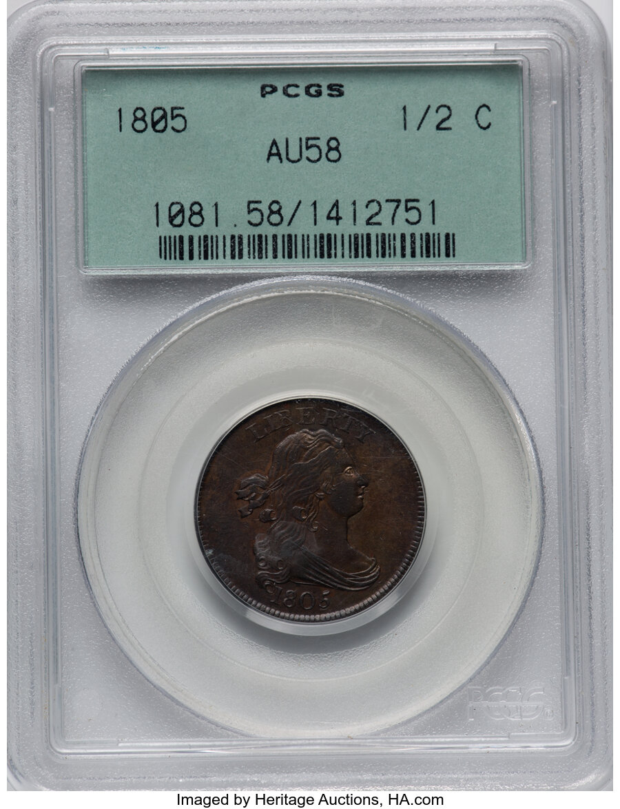 image for: 1805 1/2 C No Stems, C-1, B-1, R.1, AU58 PCGS. Housed in a Generation 3.0 green label holder. PCGS Population: (23/24).  Mi...