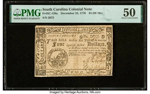 image for: Fully Signed South Carolina December 23, 1776 $4 PMG About Uncirculated 50....