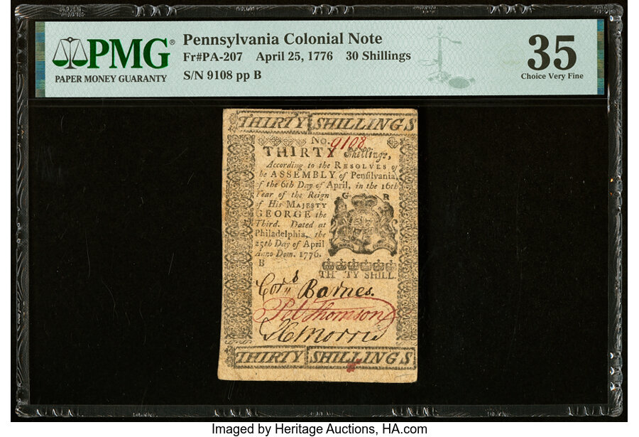 image for: Pennsylvania April 25, 1776 30s PMG Choice Very Fine 35....