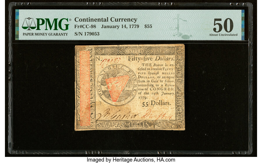 image for: Continental Currency January 14, 1779 $55 PMG About Uncirculated 50....
