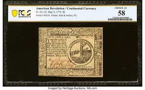 image for: Continental Currency May 9, 1776 $2 PCGS Banknote Choice AU 58....