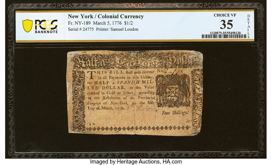 image for: New York March 5, 1776 $1/2 PCGS Banknote Choice VF 35 Details....