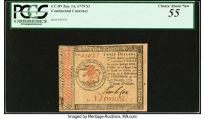 image for: Continental Currency January 14, 1779 $3 PCGS Choice About New 55....