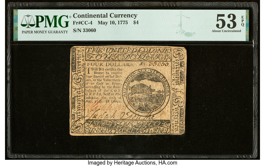 image for: Continental Currency May 10, 1775 $4 PMG About Uncirculated 53 EPQ....