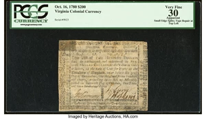 image for: Virginia October 16, 1780 $200 PCGS Apparent Very Fine 30....
