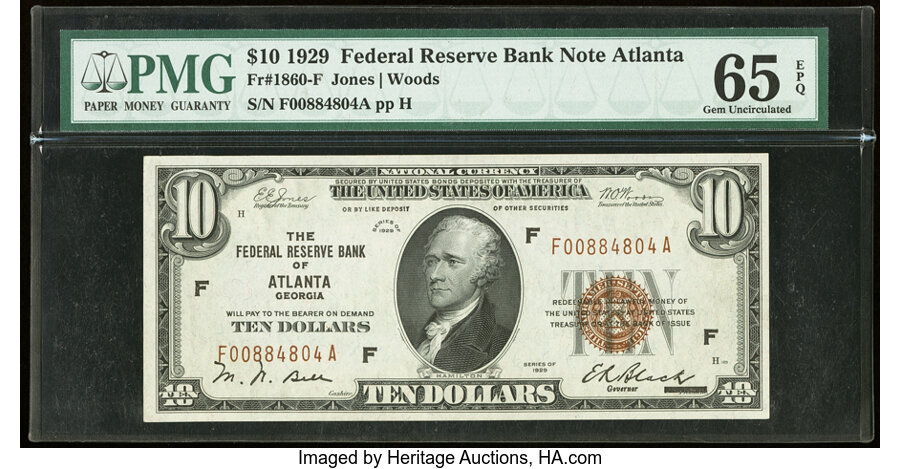 image for: Fr. 1860-F $10 1929 Federal Reserve Bank Note. PMG Gem Uncirculated 65 EPQ....