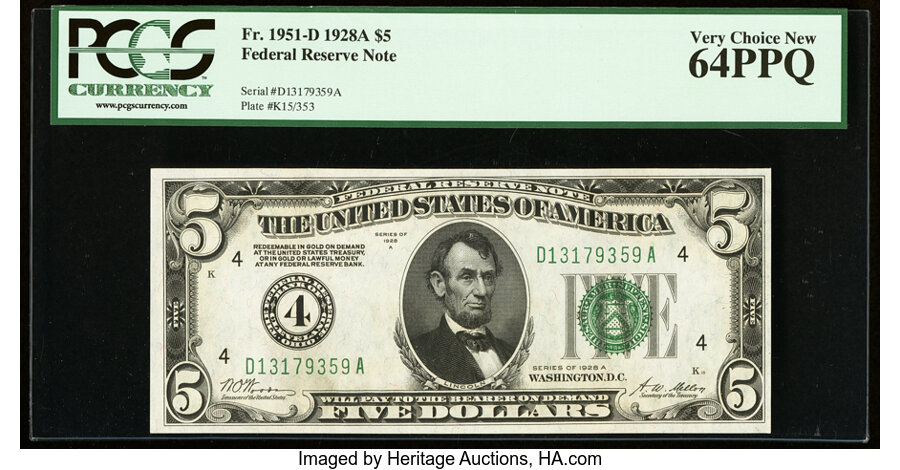image for: Fr. 1951-D $5 1928A Federal Reserve Note. PCGS Very Choice New 64PPQ....