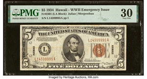 image for: Fr. 2301 $5 1934 Mule Hawaii Federal Reserve Note. PMG Very Fine 30....