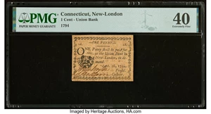 image for: New London, CT - Union Bank in New London 1 Penny Sept. 26, 1794 PMG Extremely Fine 40....