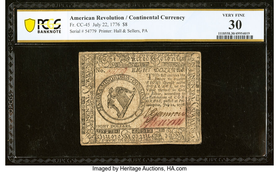 image for: Continental Currency July 22, 1776 $8 PCGS Banknote Very Fine 30....