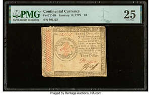 image for: Continental Currency January 14, 1779 $3 PMG Very Fine 25....