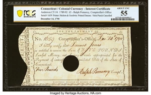 image for: Connecticut Comptroller's Office Interest Certificate £5 Dec. 14, 1790 Anderson CT-54 PCGS Banknote About Unc 55....