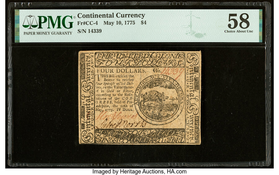 image for: Continental Currency May 10, 1775 $4 PMG Choice About Unc 58....