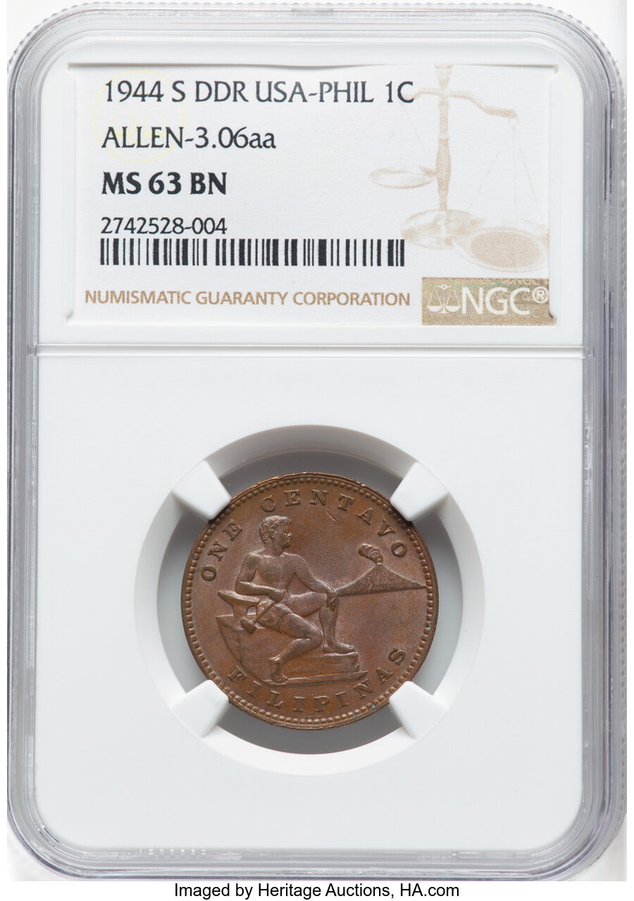 image for: 1944-S 1C Philippines Centavos, Doubled Die Reverse, Allen-3.06aa, MS63 Brown NGC. NGC Census: (0/0)....