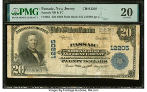 image for: Passaic, NJ - $20 1902 Plain Back Fr. 661 Passaic National Bank & Trust Company Ch. # 12205 PMG Very Fine 20....