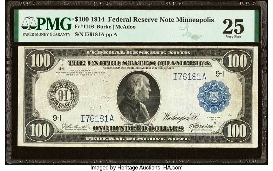 image for: Fr. 1116 $100 1914 Federal Reserve Note PMG Very Fine 25....