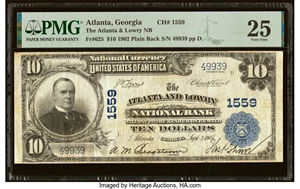 image for: Atlanta, GA - $10 1902 Plain Back Fr. 625 The Atlanta & Lowry National Bank Ch. # 1559 PMG Very Fine 25....